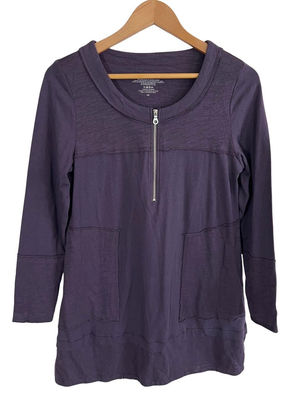 Neon Buddha Tunic Top Women’s XS Purple Pockets Cotton Blend